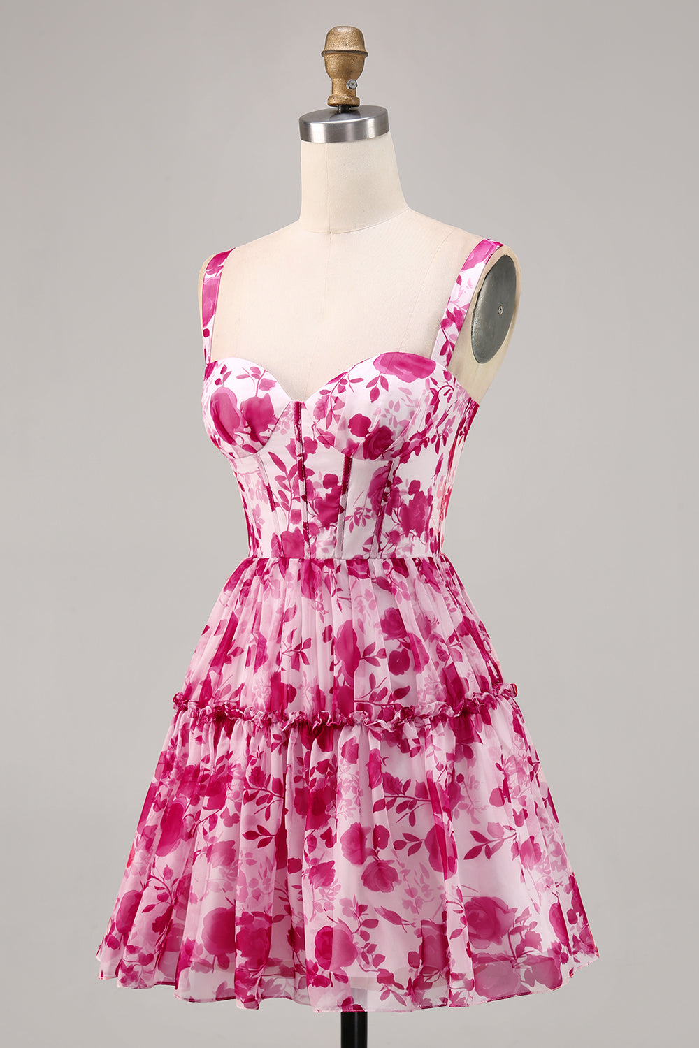 Floral Fuchsia Corset Printed A Line Short Prom Dress