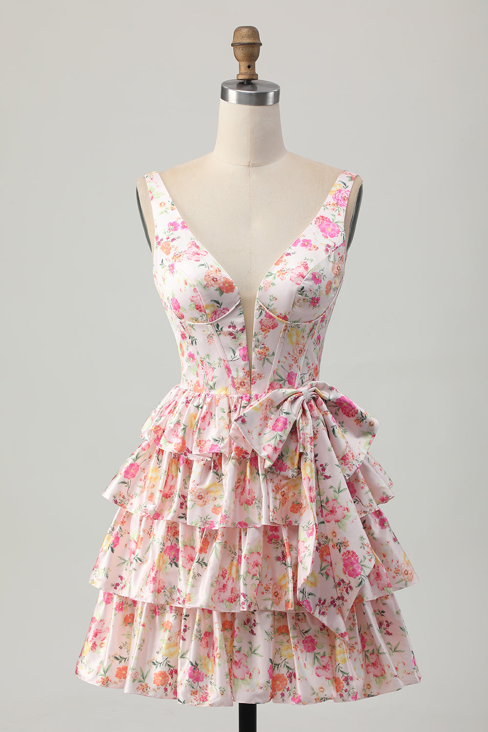 Pink Floral V-Neck A Line Tiered Short Prom Dress with Bow