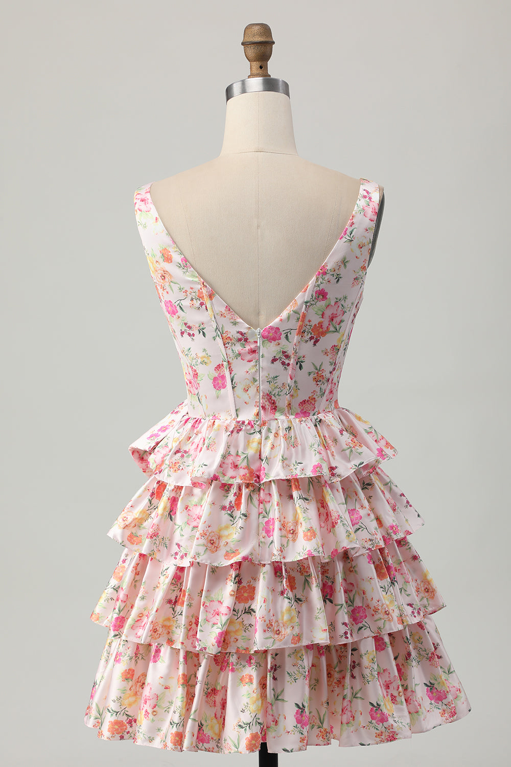 Pink Floral V-Neck A Line Tiered Short Prom Dress with Bow