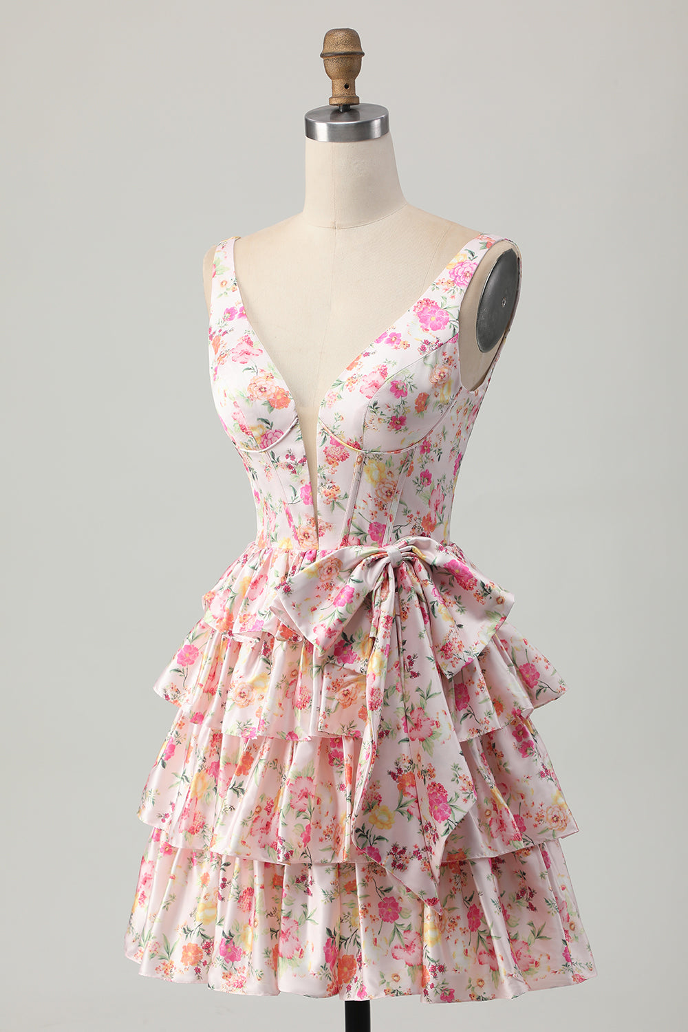 Pink Floral V-Neck A Line Tiered Short Prom Dress with Bow