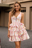 Pink Floral A Line Corset Tiered Short Prom Dress with Bow