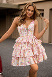 Pink Floral A Line Corset Tiered Short Prom Dress with Bow