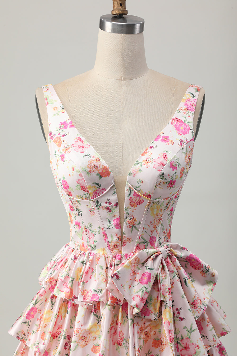 Pink Floral V-Neck A Line Tiered Short Prom Dress with Bow