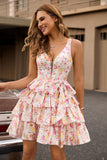 Pink Floral A Line Corset Tiered Short Prom Dress with Bow
