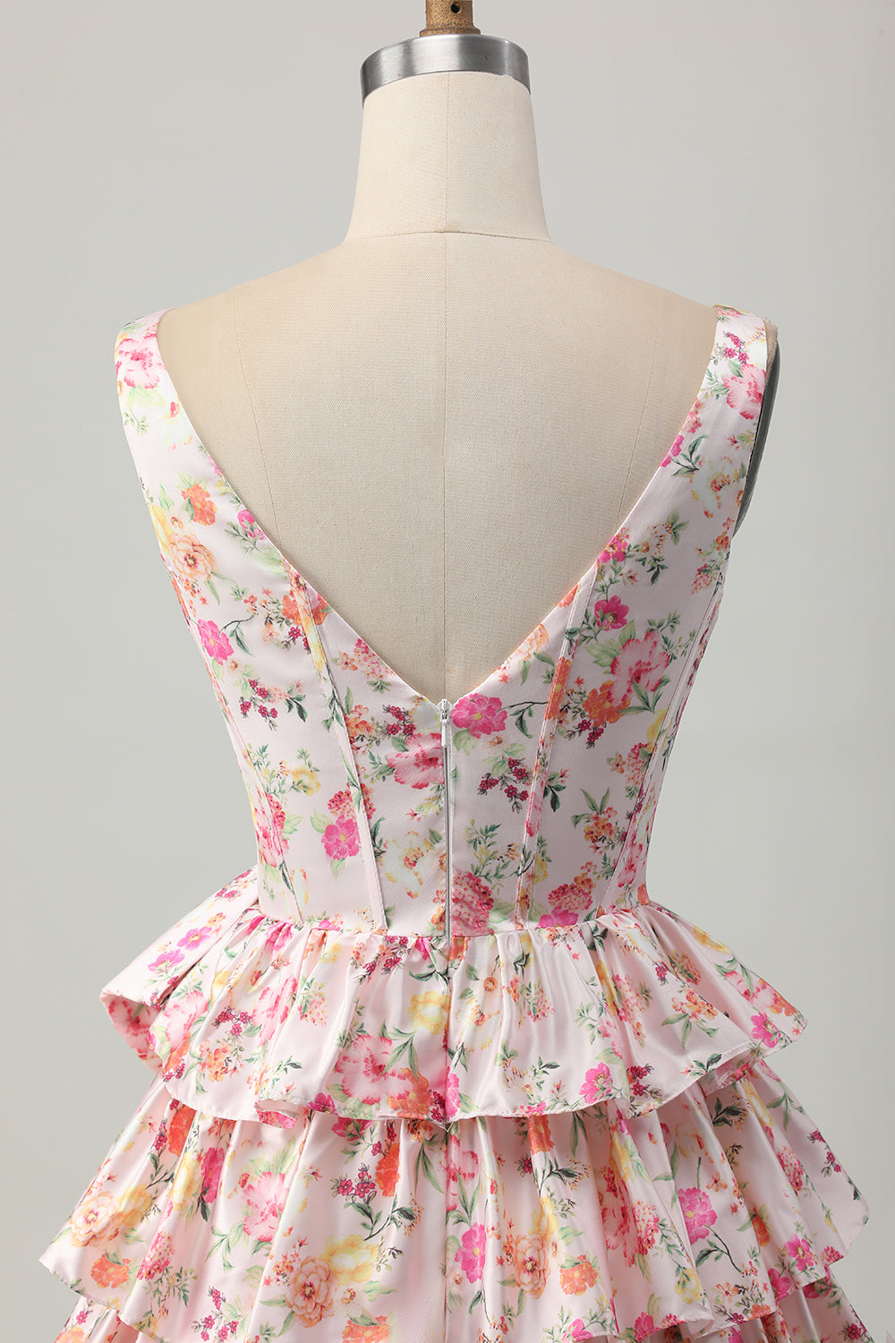 Pink Floral V-Neck A Line Tiered Short Prom Dress with Bow