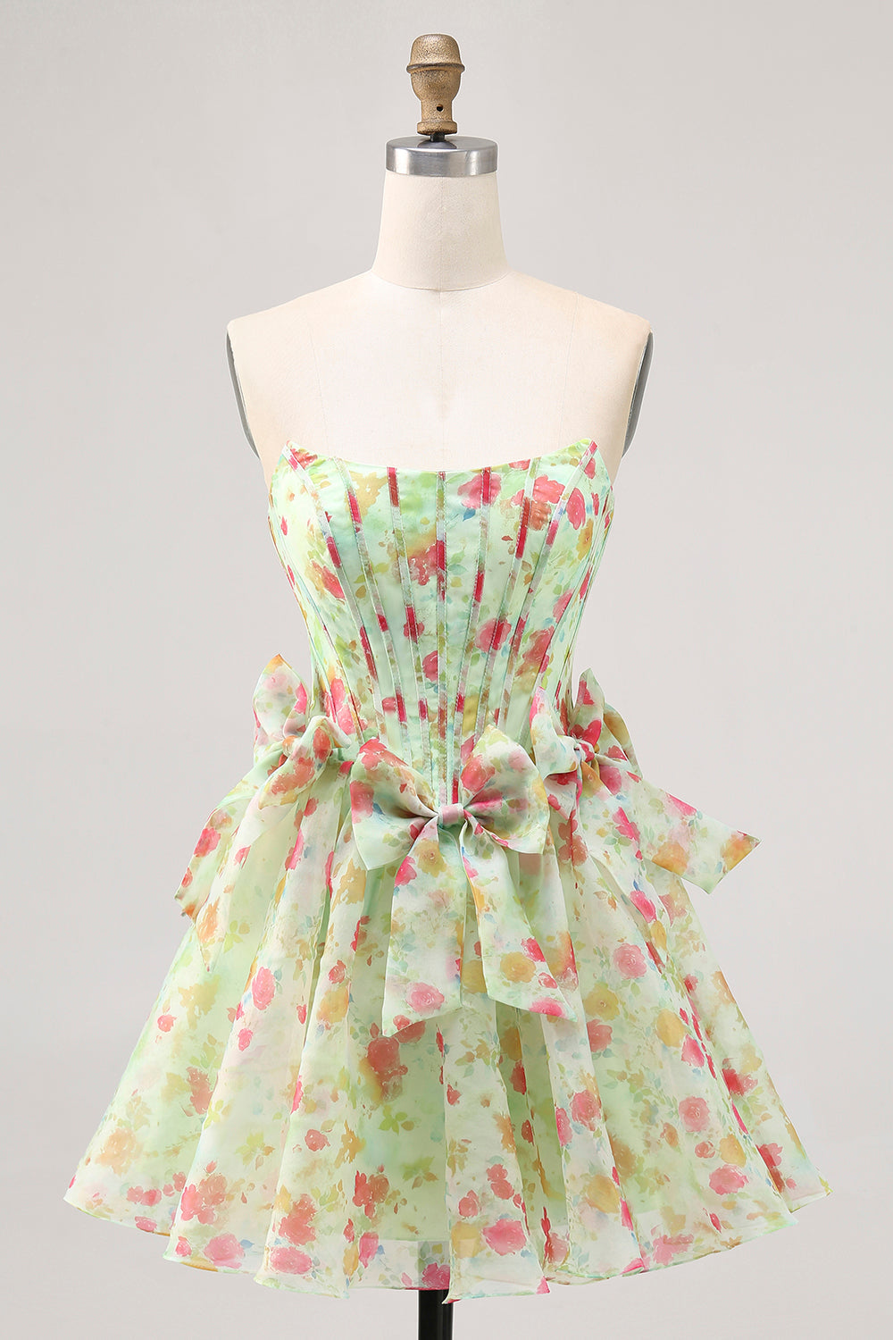 Green Strapless A-Line Floral Corset Short Prom Dress with Bows