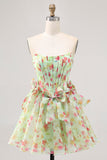 Green Strapless A-Line Floral Corset Short Prom Dress with Bows