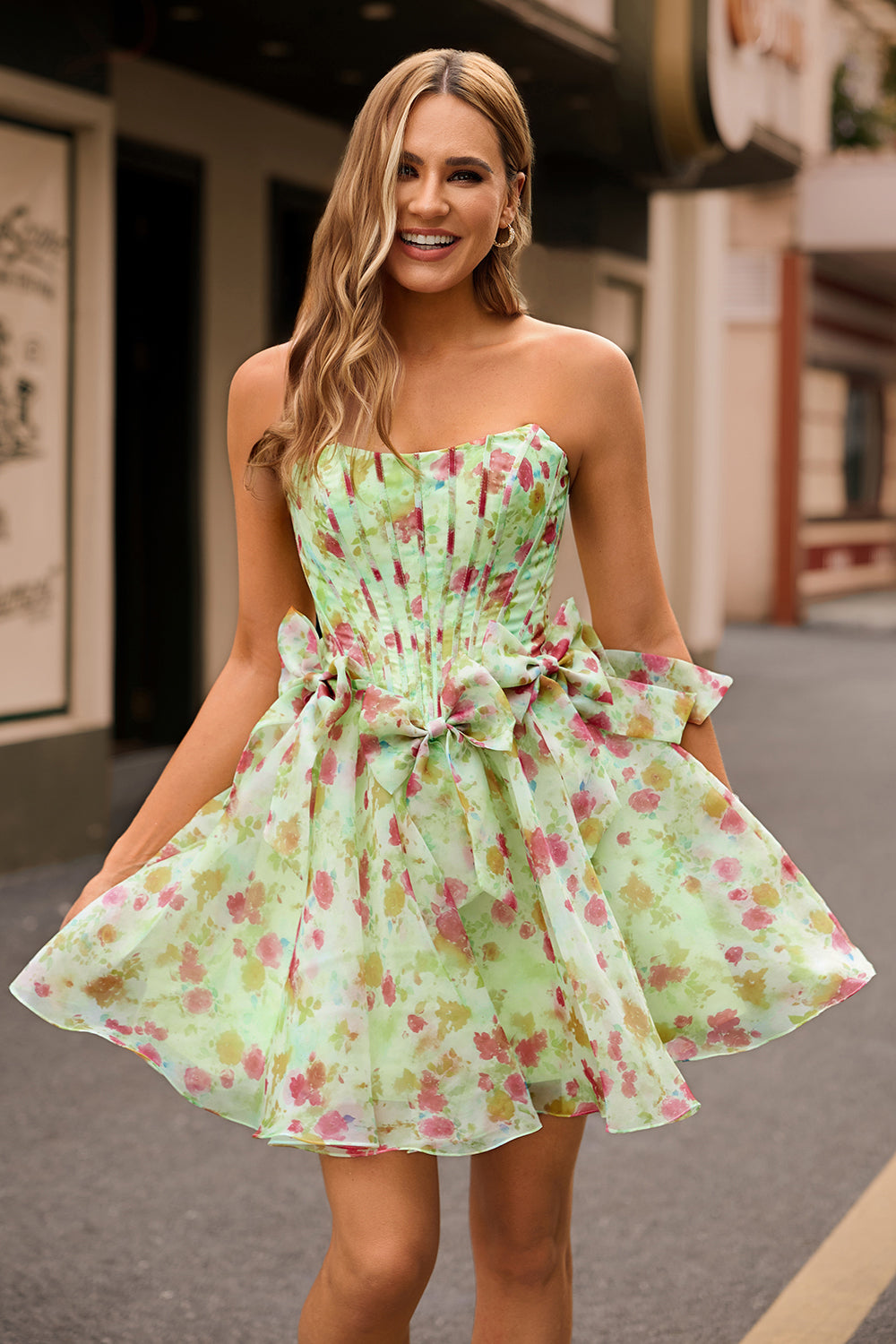 Green Strapless A-Line Floral Corset Short Prom Dress with Bows