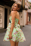 Green Strapless A-Line Floral Corset Short Prom Dress with Bows