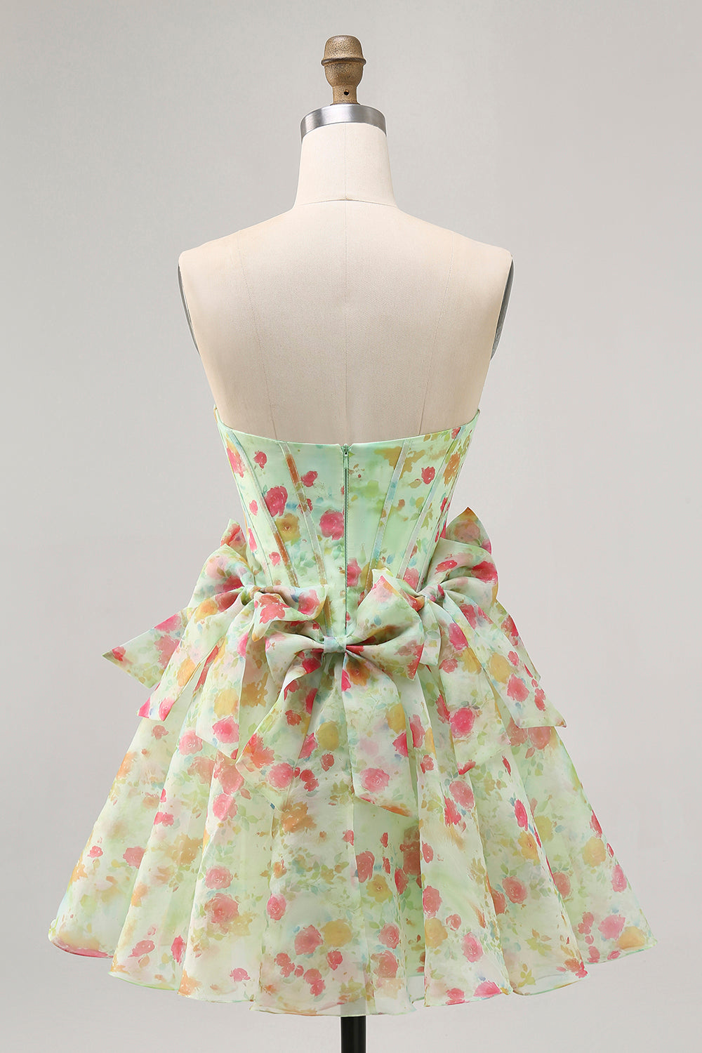 Green Strapless A-Line Floral Corset Short Prom Dress with Bows