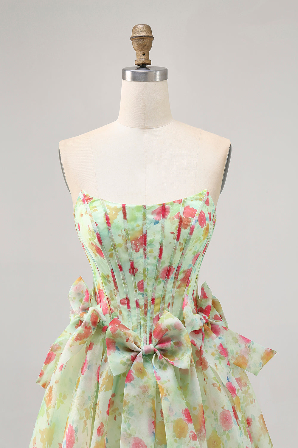 Floral Green Strapless A Line Corset Short Prom Dress