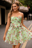 Green Strapless A-Line Floral Corset Short Prom Dress with Bows