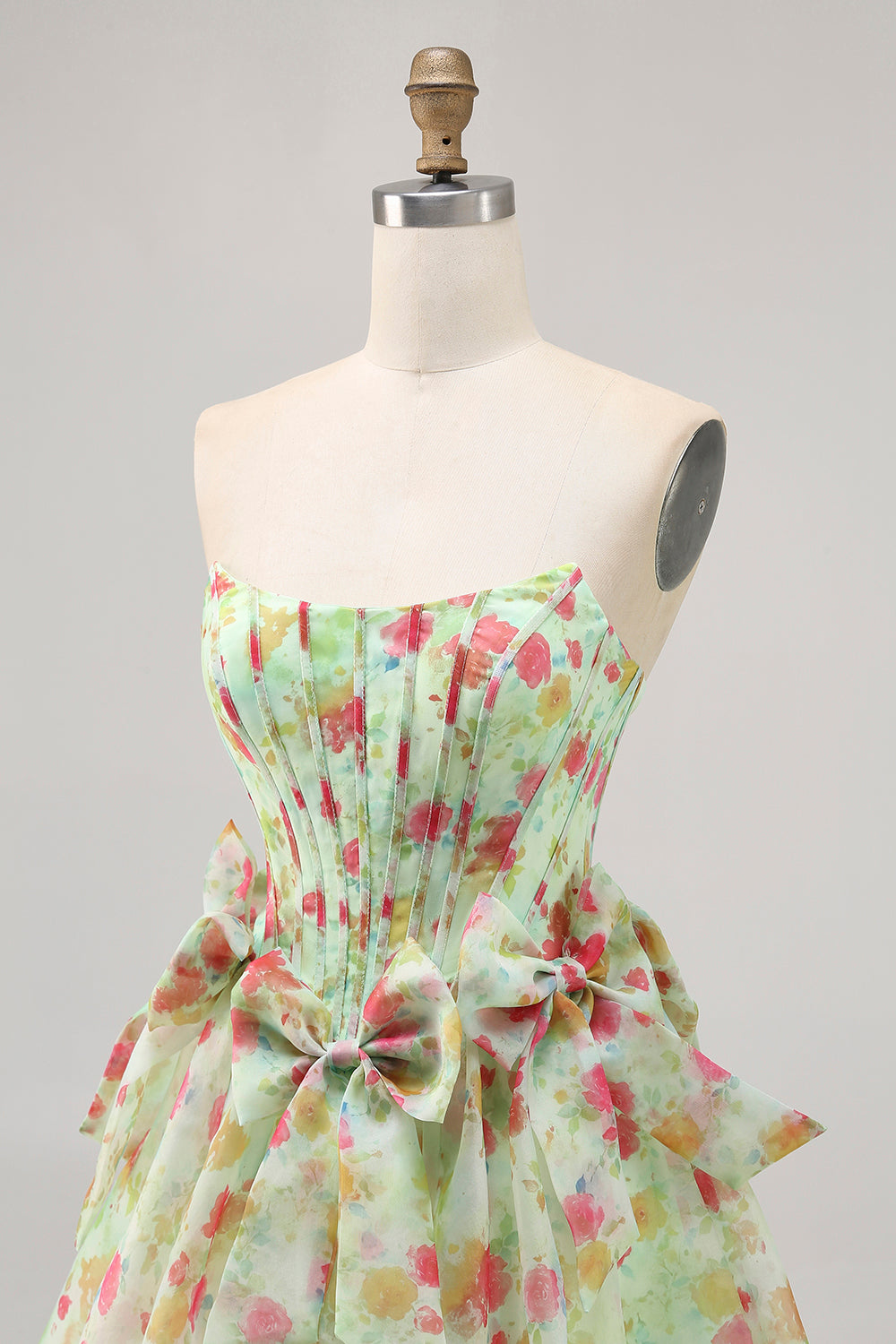 Floral Green Strapless A Line Corset Short Prom Dress