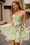 Green Strapless A-Line Floral Corset Short Prom Dress with Bows