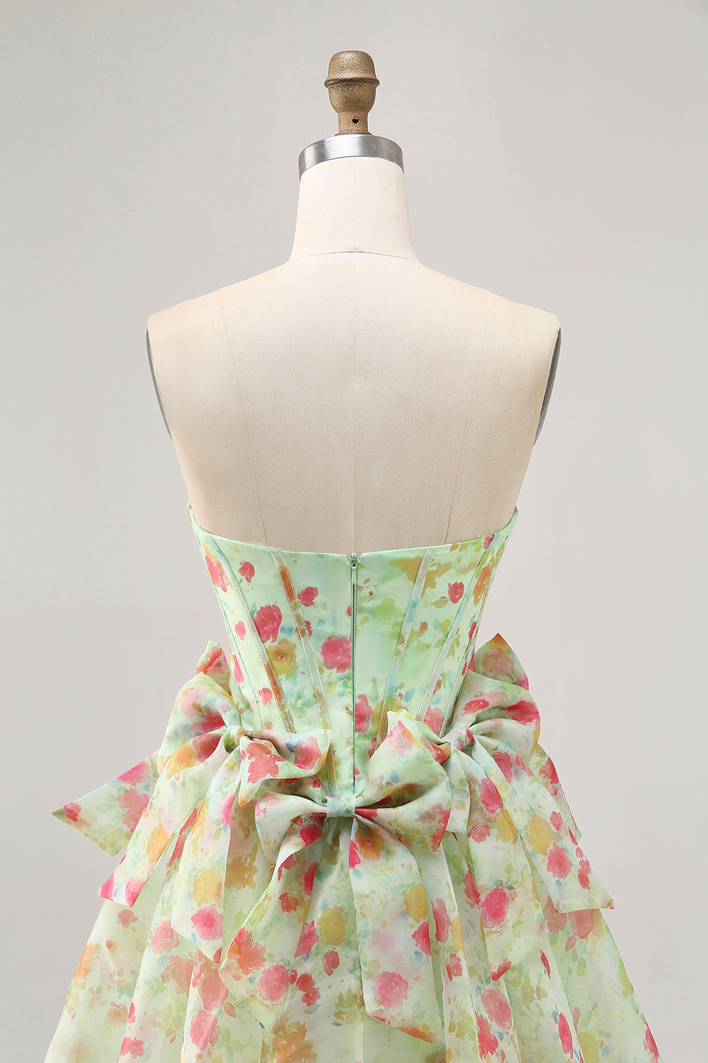 Floral Green Strapless A Line Corset Short Prom Dress