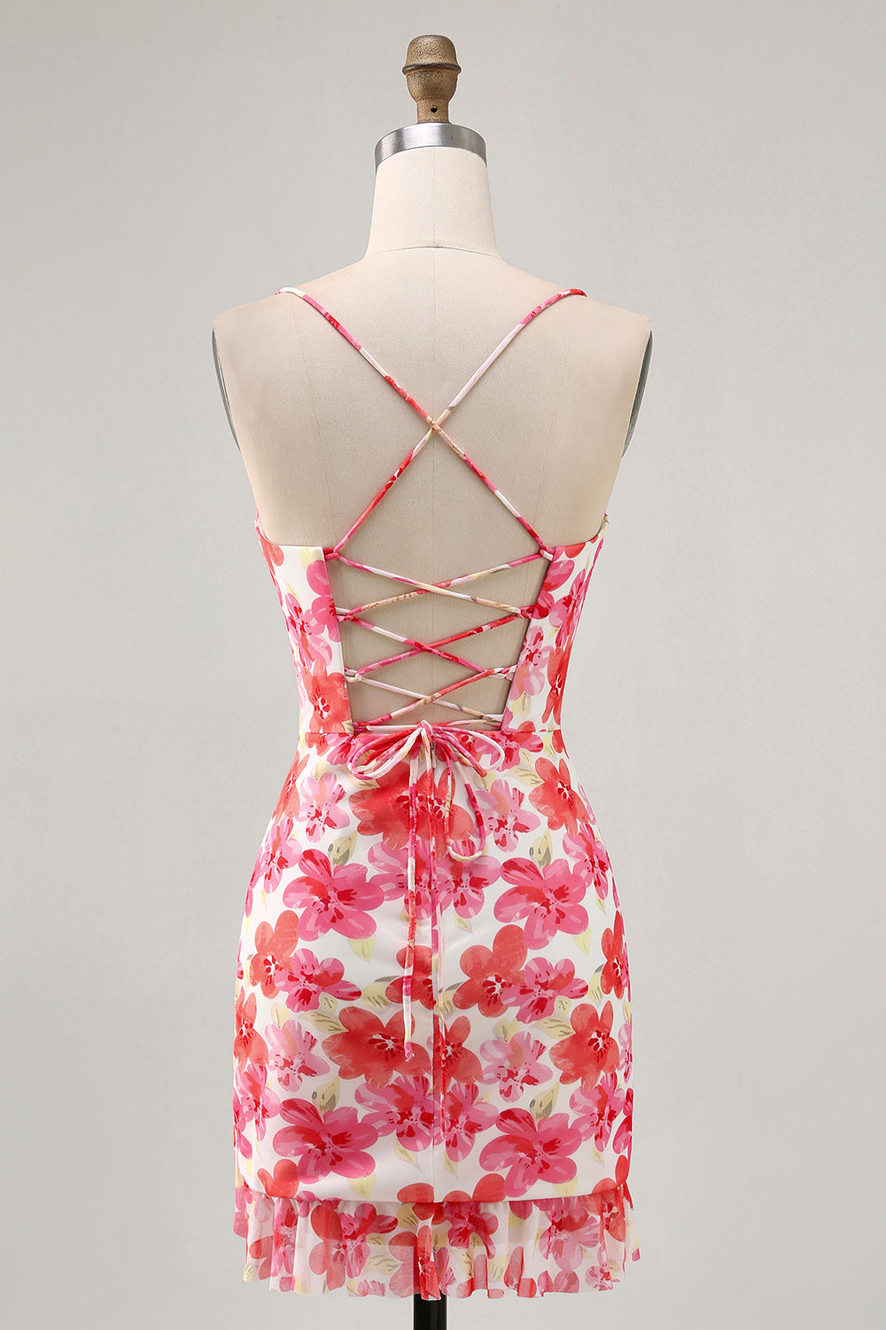 Red Floral Bodycon Spaghetti Straps Printed Mini Cocktail Dress