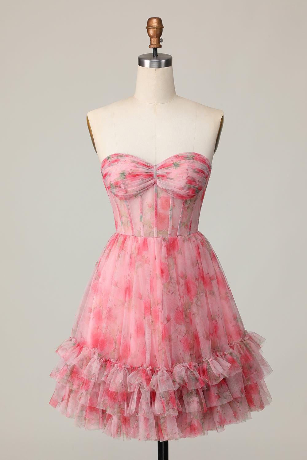 Floral Red Strapless Printed Ruffled A Line Short Prom Dress
