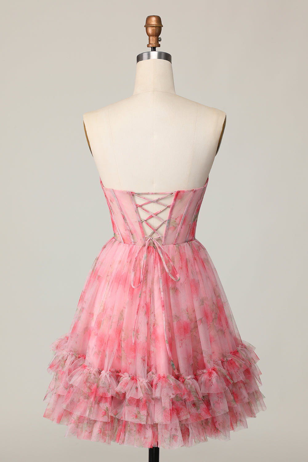 Floral Red Strapless Printed Ruffled A Line Short Prom Dress