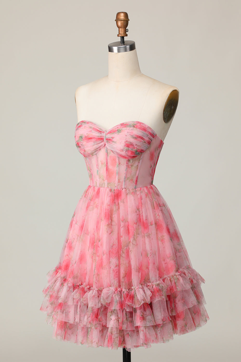 Floral Red Strapless Printed Ruffled A Line Short Prom Dress