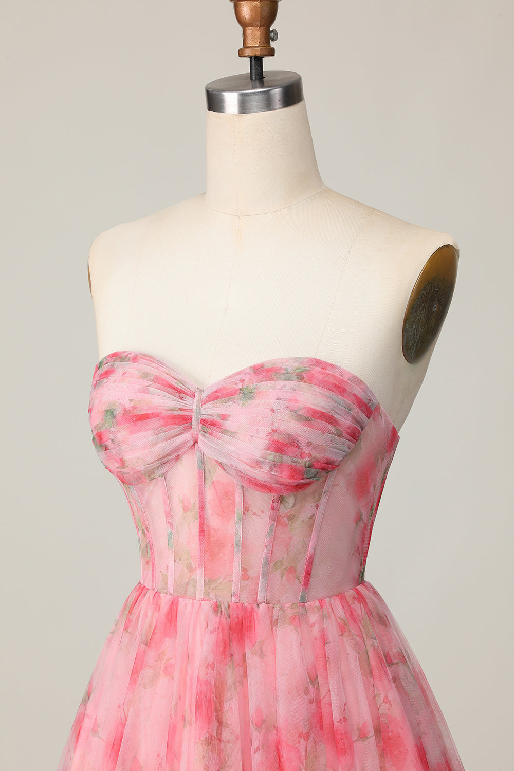 Floral Red Strapless Printed Ruffled A Line Short Prom Dress