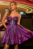 Metallic Dark Purple A-Line Strapless Cut Out Corset Short Prom Dress with Bow