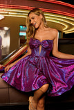 Metallic Dark Purple A-Line Strapless Cut Out Corset Short Prom Dress with Bow