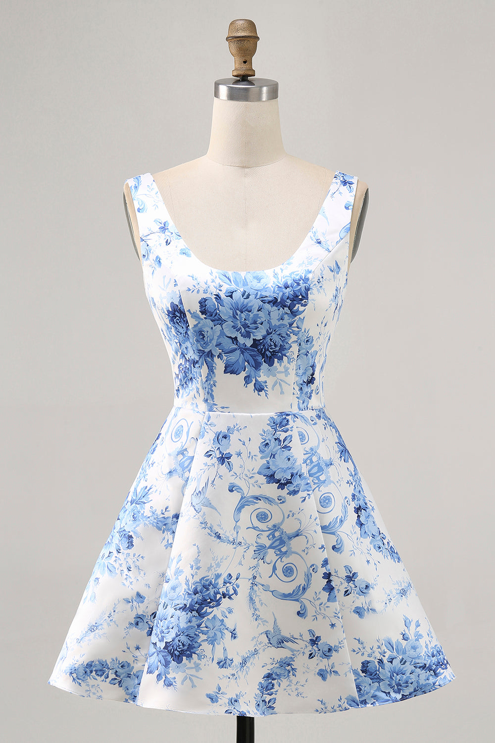 Printed White Blue Flower A Line Mini Cocktail Dress