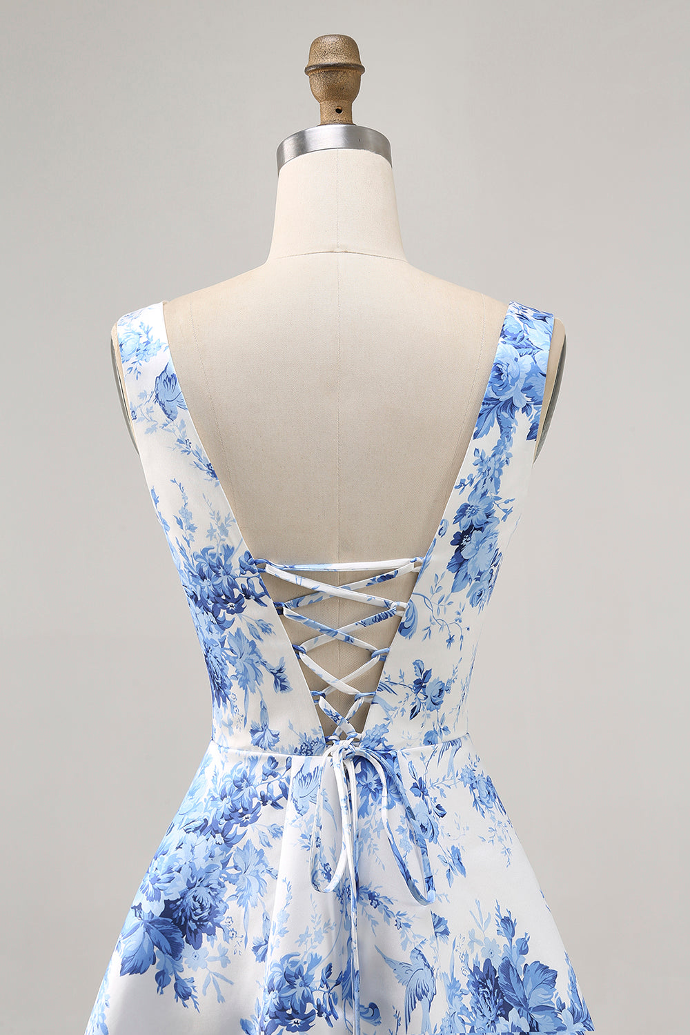 Printed White Blue Flower A Line Mini Cocktail Dress