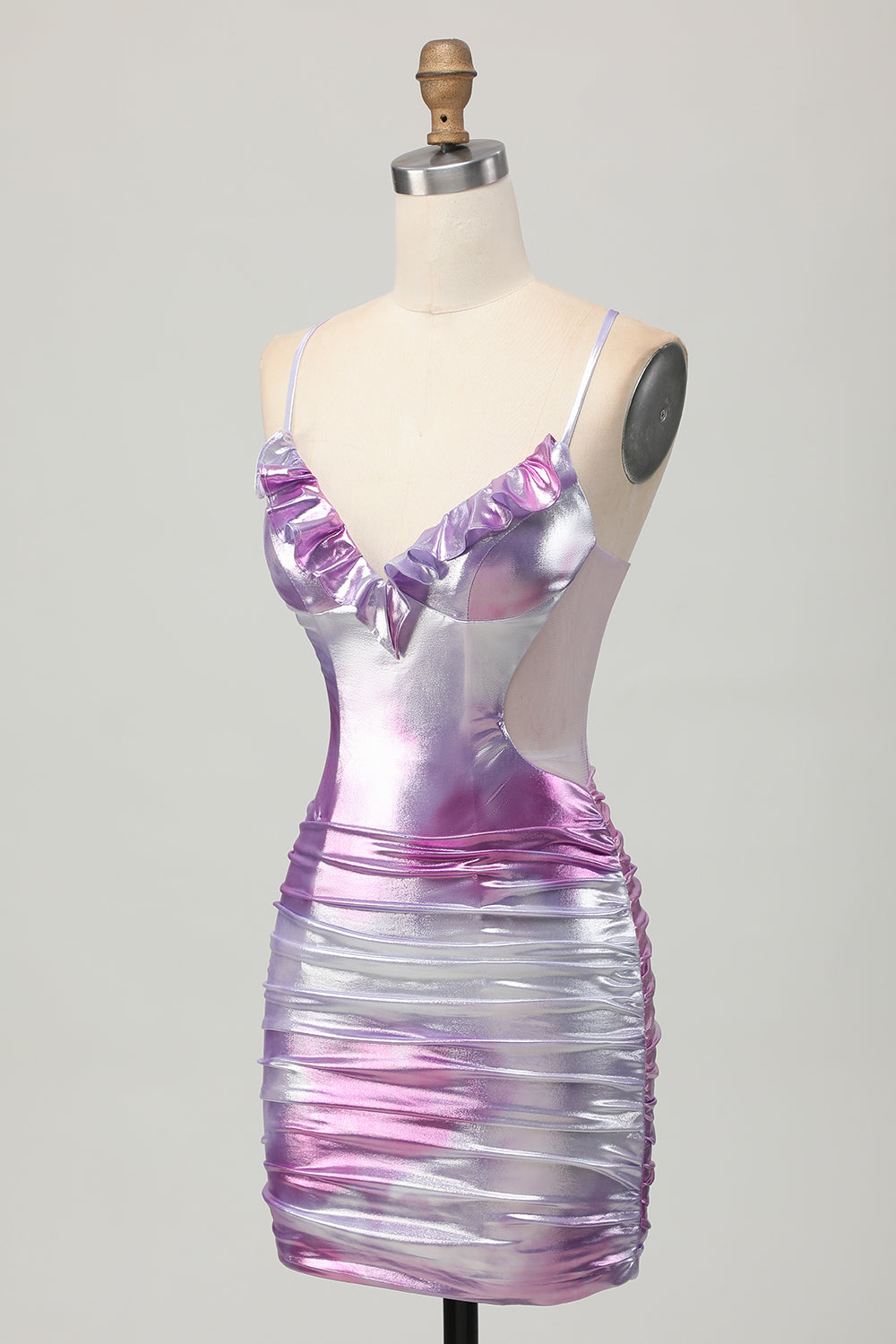Silver Purple Bodycon Ruffled V Neck Cocktail Dress