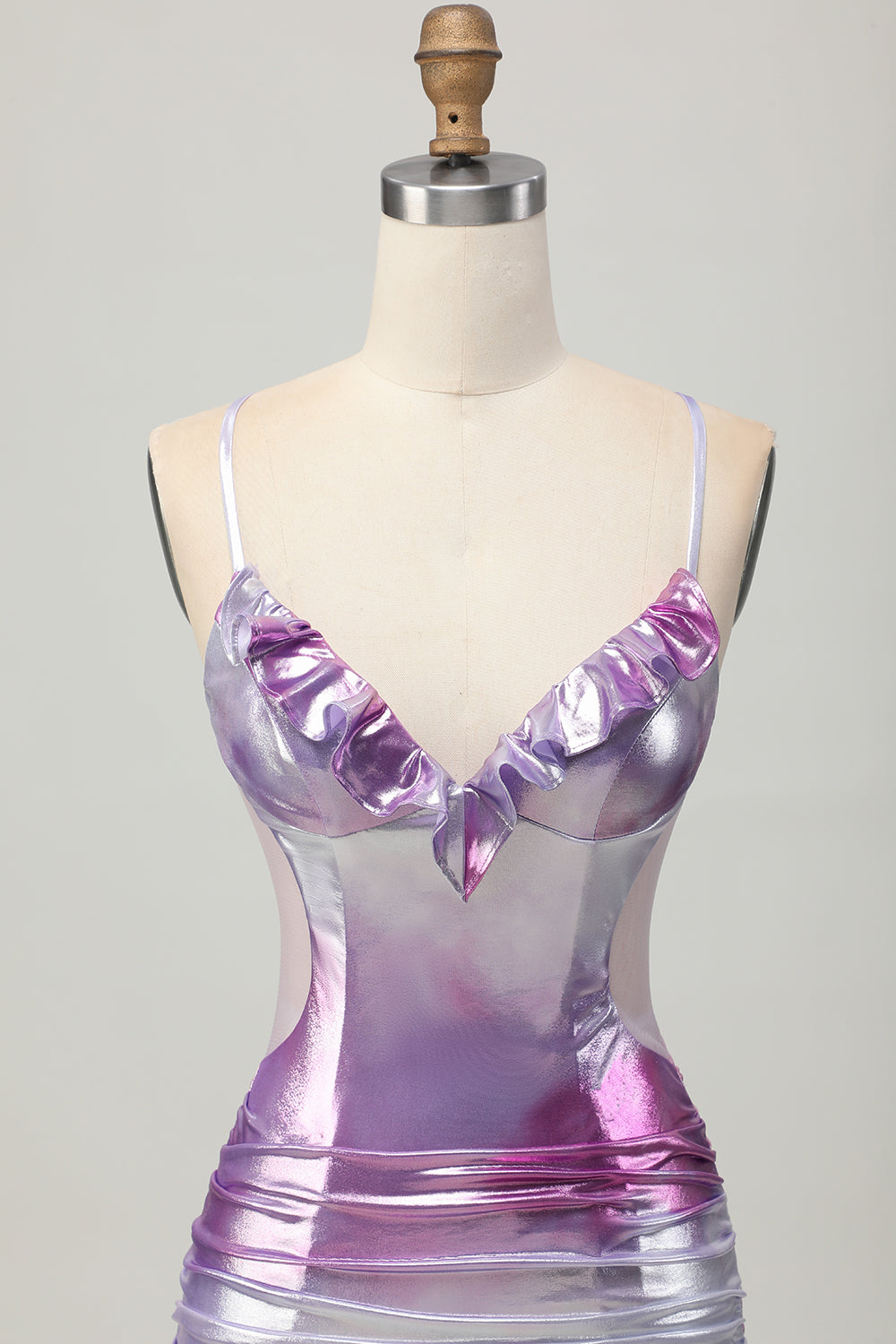 Silver Purple Bodycon Ruffled V Neck Cocktail Dress