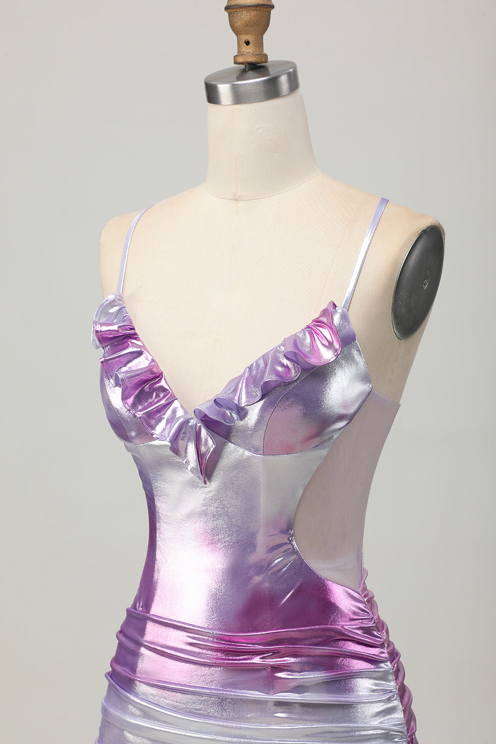Silver Purple Bodycon Ruffled V Neck Cocktail Dress
