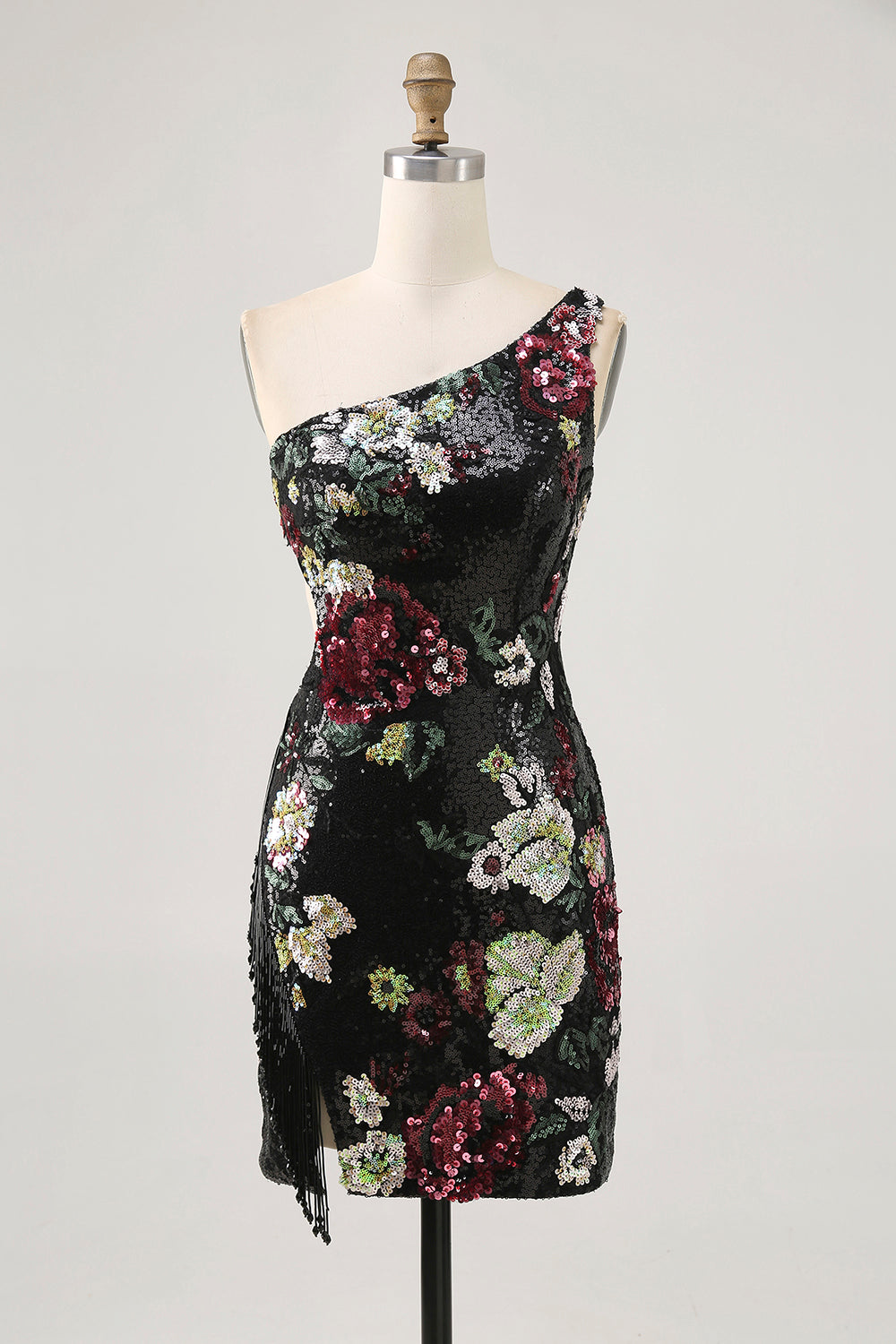 Black Flower Bodycon Sequin One Shoulder Cocktail Dress