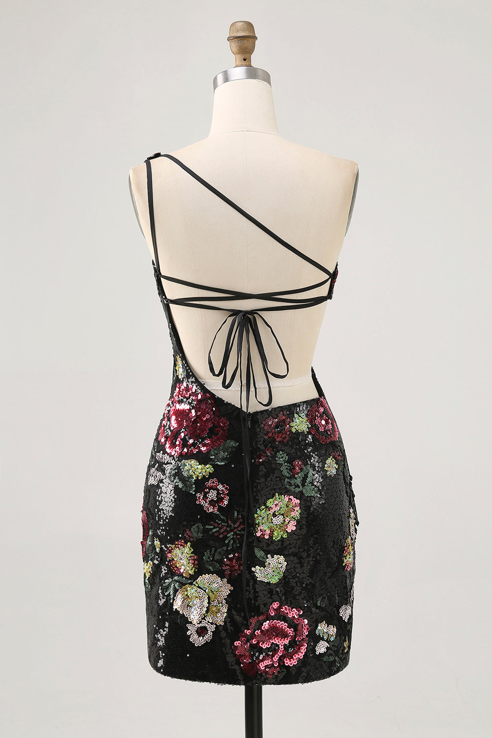 Black Flower Bodycon Sequin One Shoulder Cocktail Dress