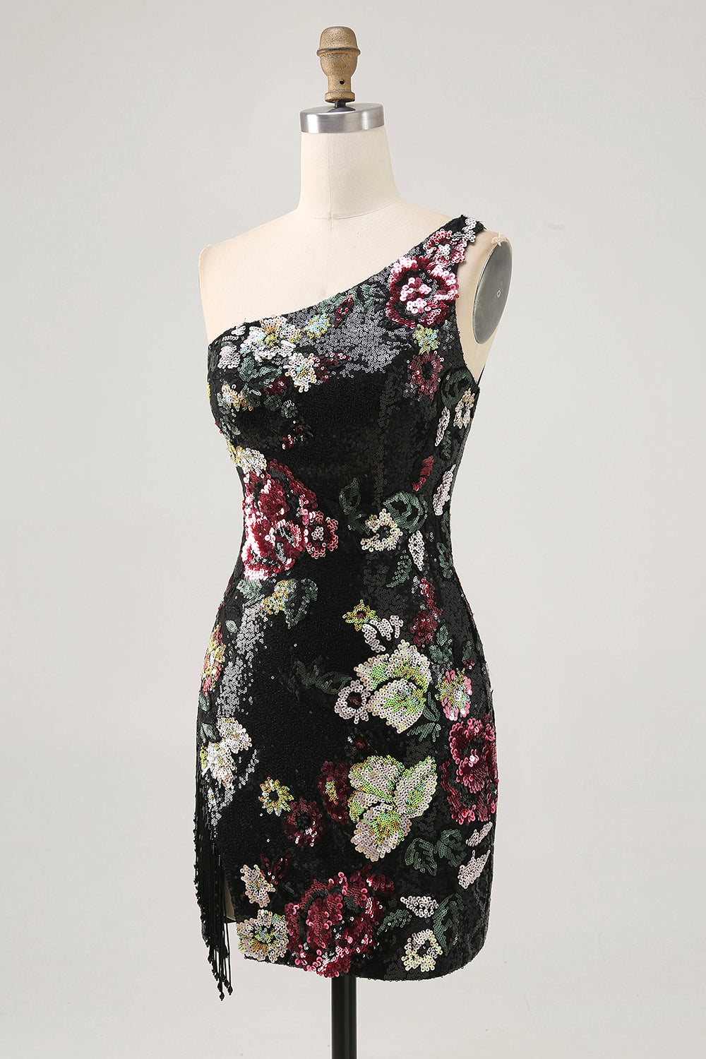 Black Flower Bodycon Sequin One Shoulder Cocktail Dress