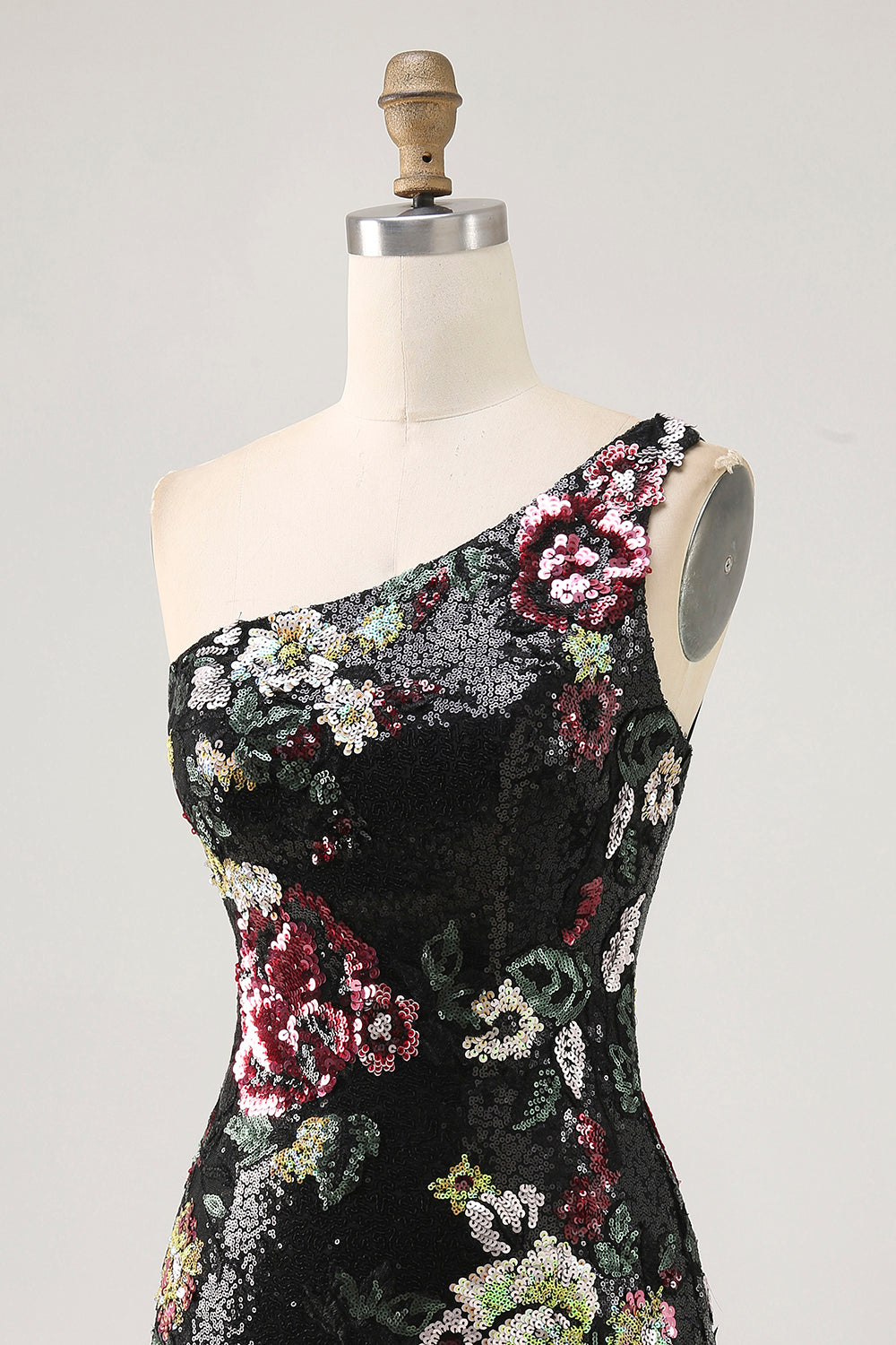 Black Flower Bodycon Sequin One Shoulder Cocktail Dress