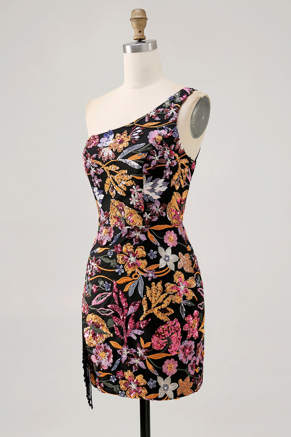 Black Flower Bodycon One Shoulder Embroidery Cocktail Dress