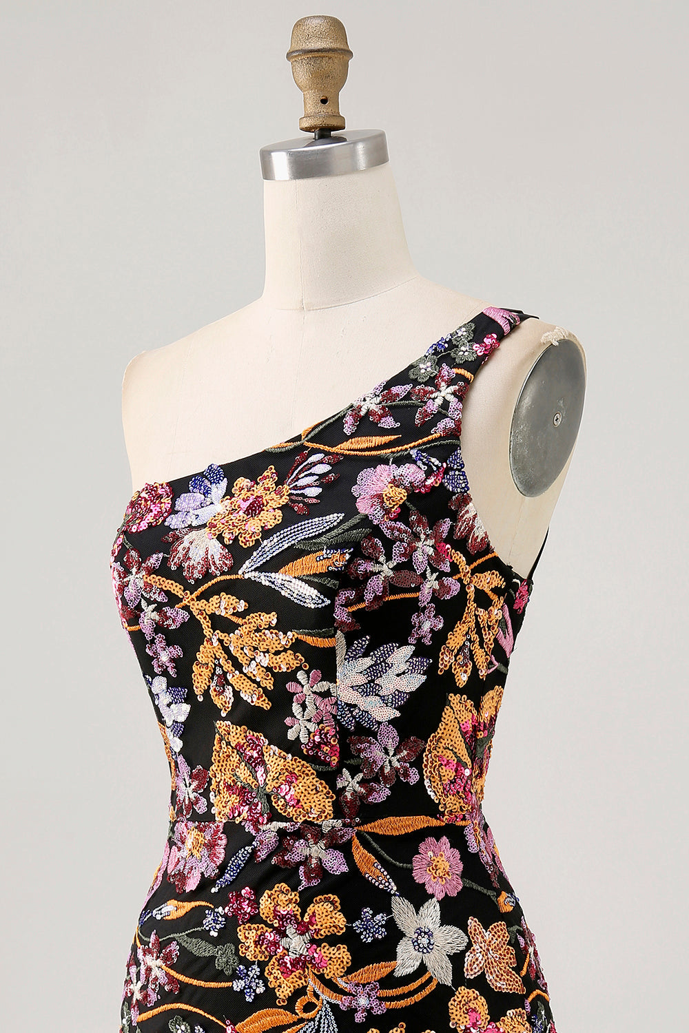 Black Flower Bodycon One Shoulder Embroidery Cocktail Dress
