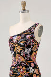 Black Flower Bodycon One Shoulder Embroidery Cocktail Dress