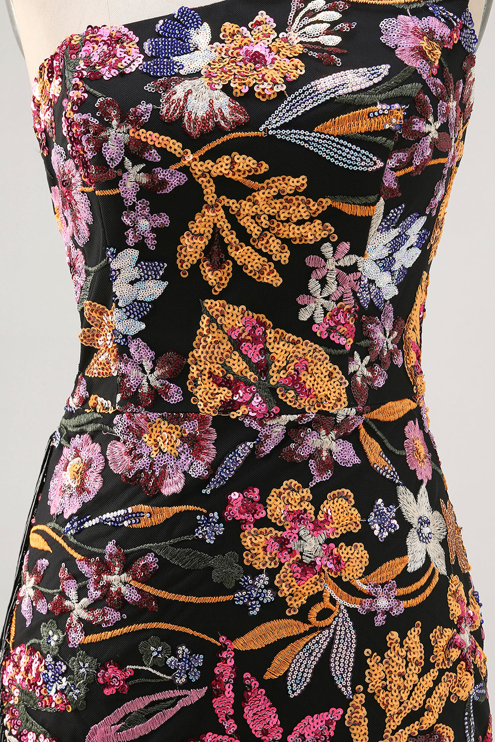 Black Flower Bodycon One Shoulder Embroidery Cocktail Dress