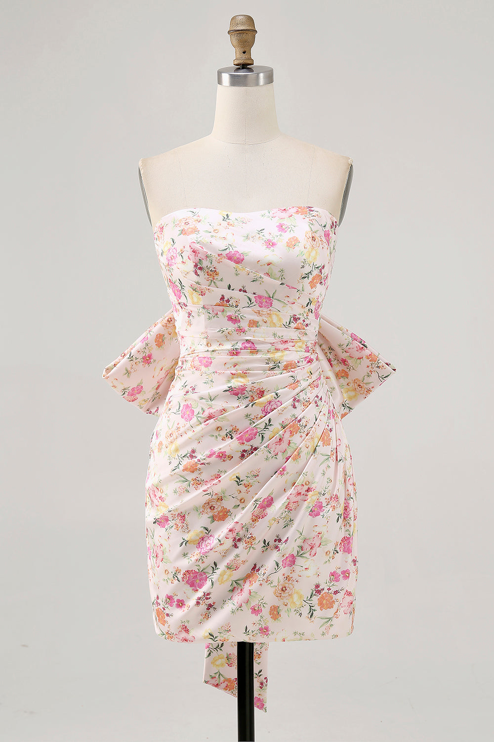 Pink Flower Strapless Bodycon Ruched Cocktail Dress