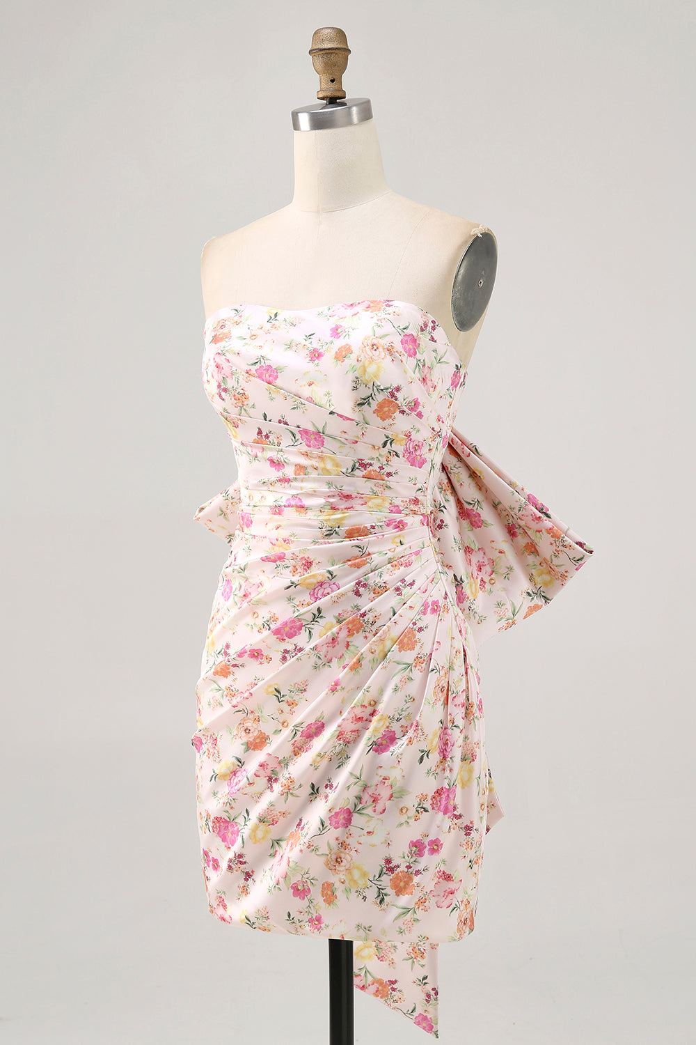 Pink Flower Strapless Bodycon Ruched Cocktail Dress