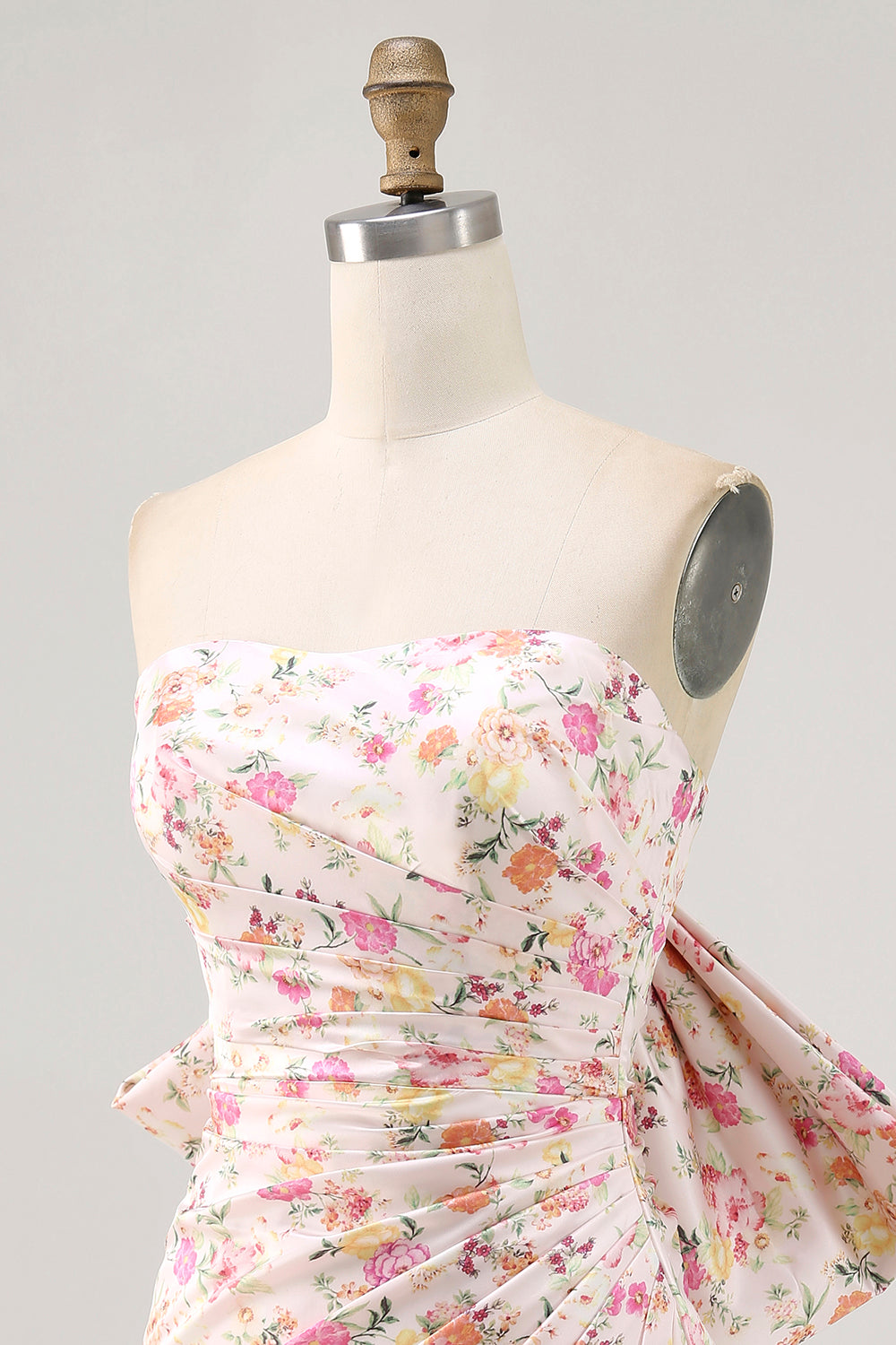 Pink Flower Strapless Bodycon Ruched Cocktail Dress