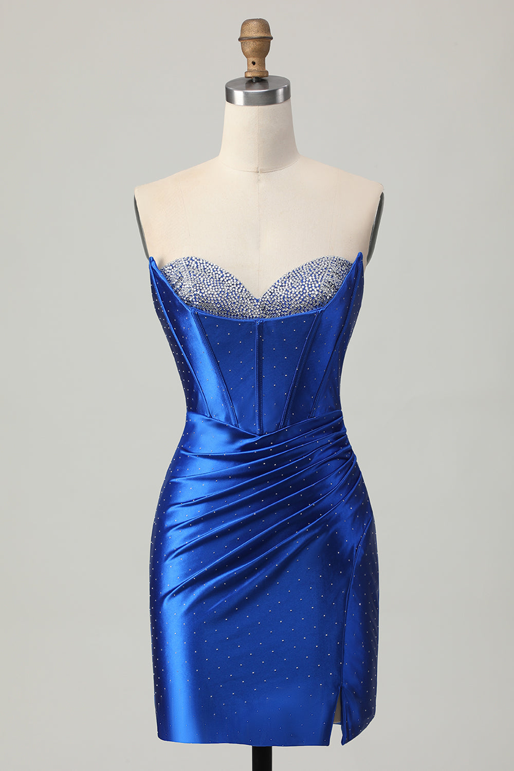 Beaded Tight Royal Blue Strapless Cocktail Dress with Slit