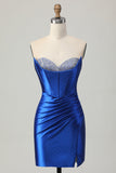 Beaded Tight Royal Blue Strapless Cocktail Dress with Slit
