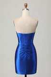 Beaded Tight Royal Blue Strapless Cocktail Dress with Slit