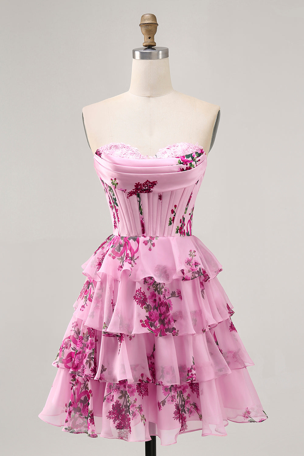 Tiered Pink Floral Strapless Cocktail Dress