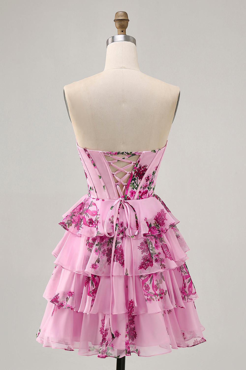 Tiered Pink Floral Strapless Cocktail Dress