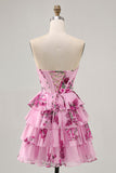 Tiered Pink Floral Strapless Cocktail Dress