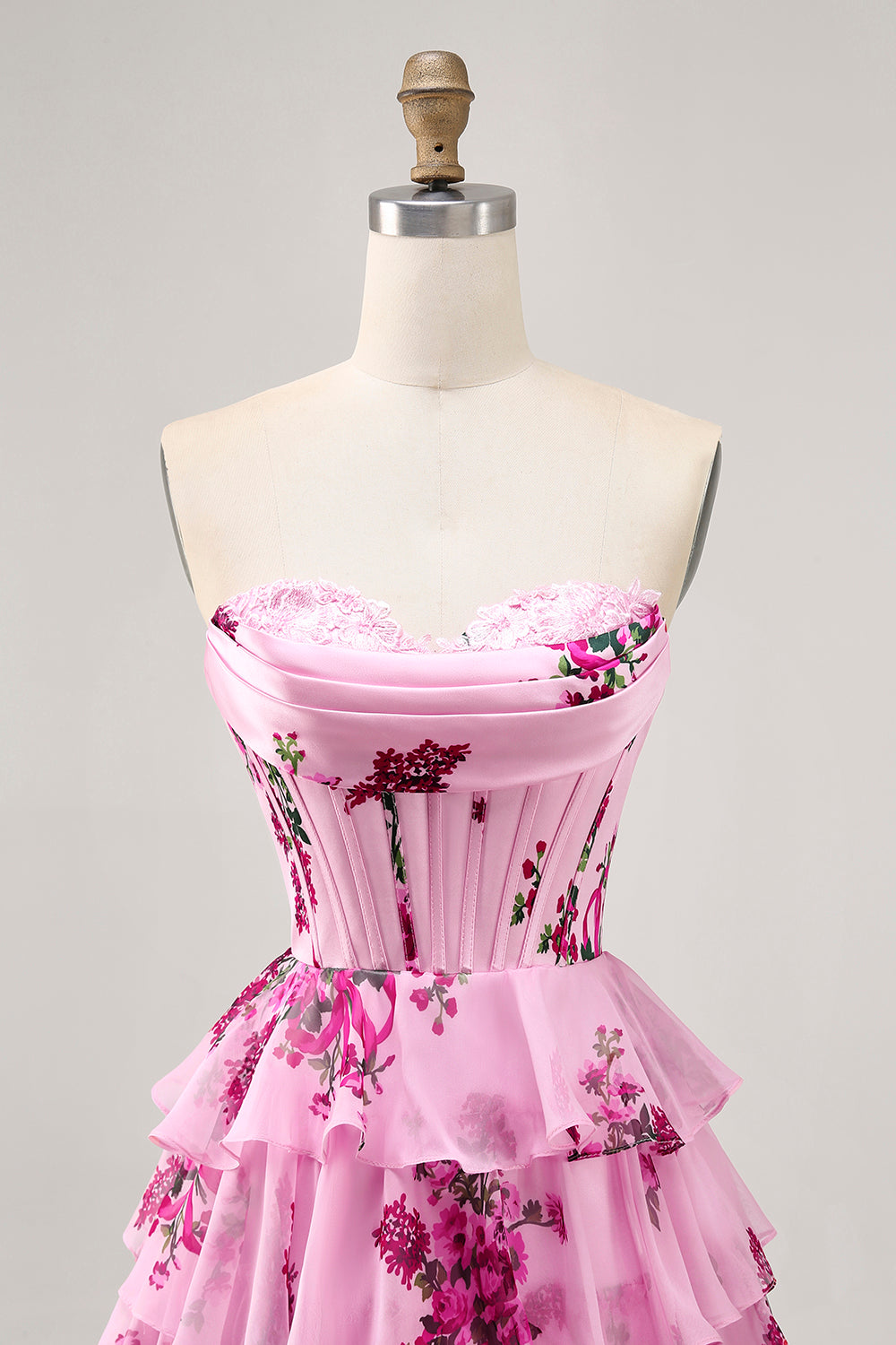 Tiered Pink Floral Strapless Cocktail Dress