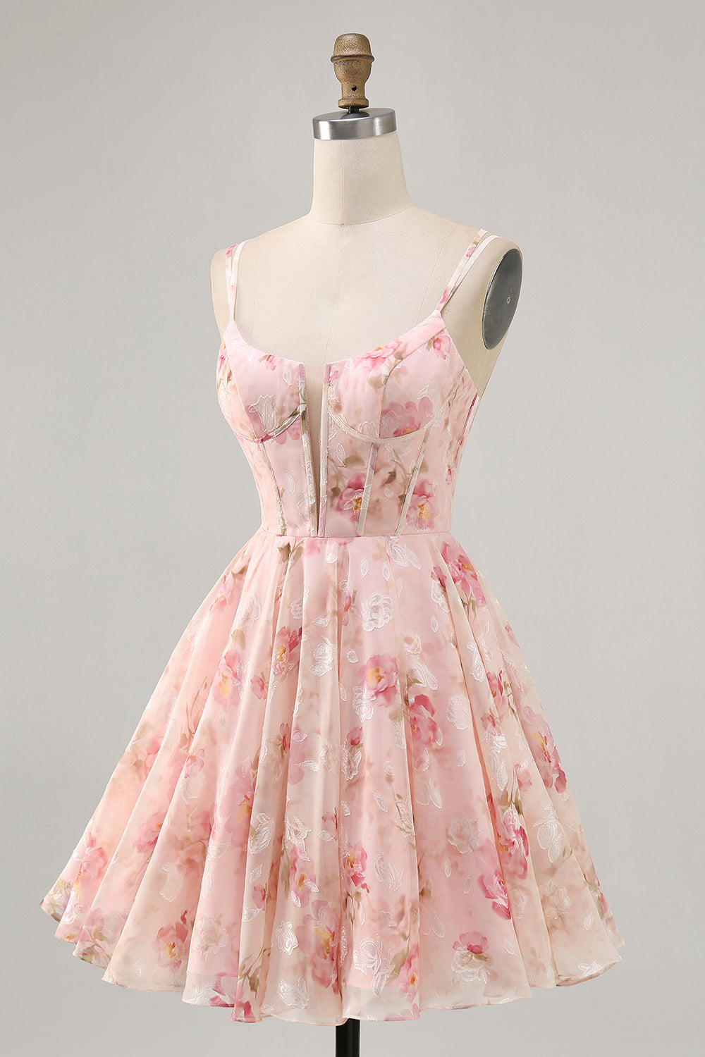 Blush Floral A Line Square Neck Corset Printed Short Prom Dress